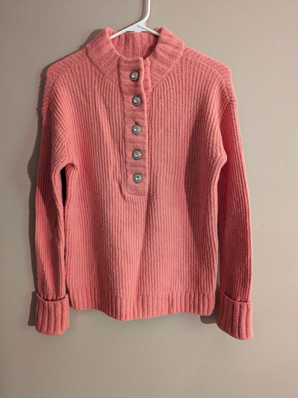 Talbots Coral Pink Ribbed Button-Placket Sweater
